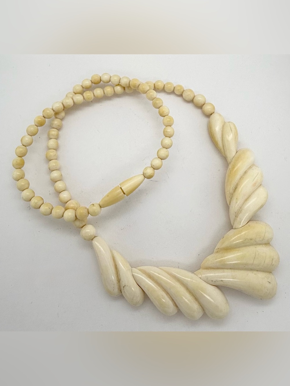 Vintage Carved Ivory Cream Color Bone Beaded Twist Statement Bib Necklace